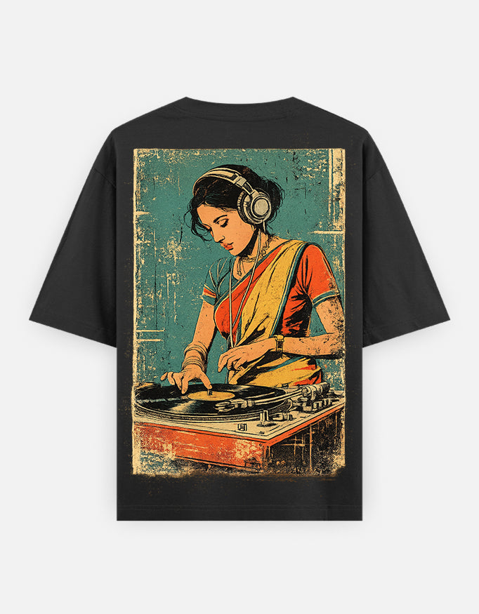 Vintage DJ Girl Oversized Tee – Retro Music Aesthetic